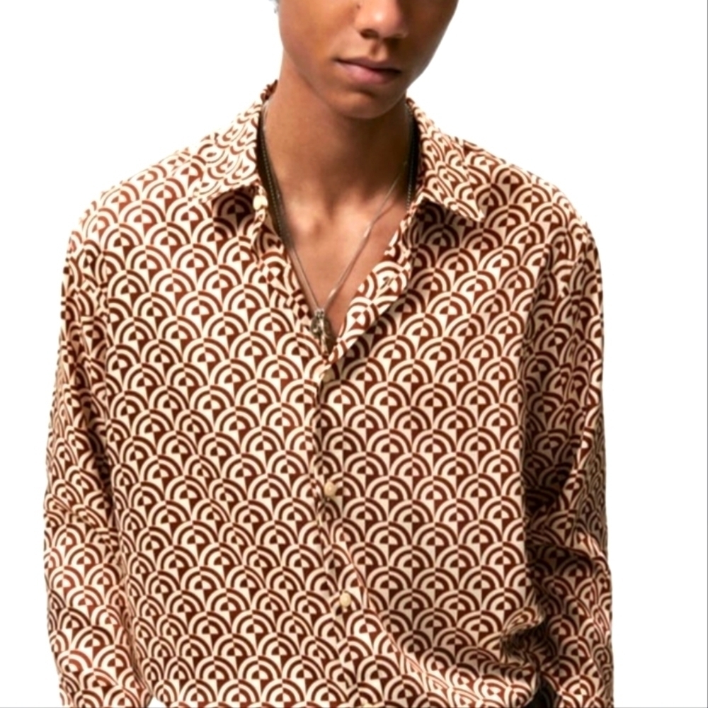 ZARA MAN BUTTON FRT LONG SLEEVE SHIRT Brown GEOMETRIC PRINT SLIM FIT SZ S satin